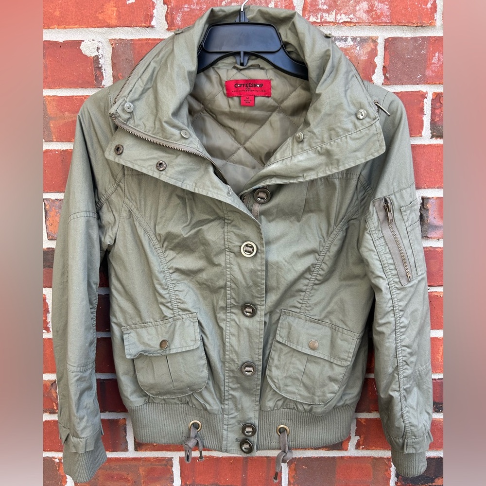 Coffee Shop Red Label Olive Green Women’s Hooded Full Zip M Bomber Jacket Z5